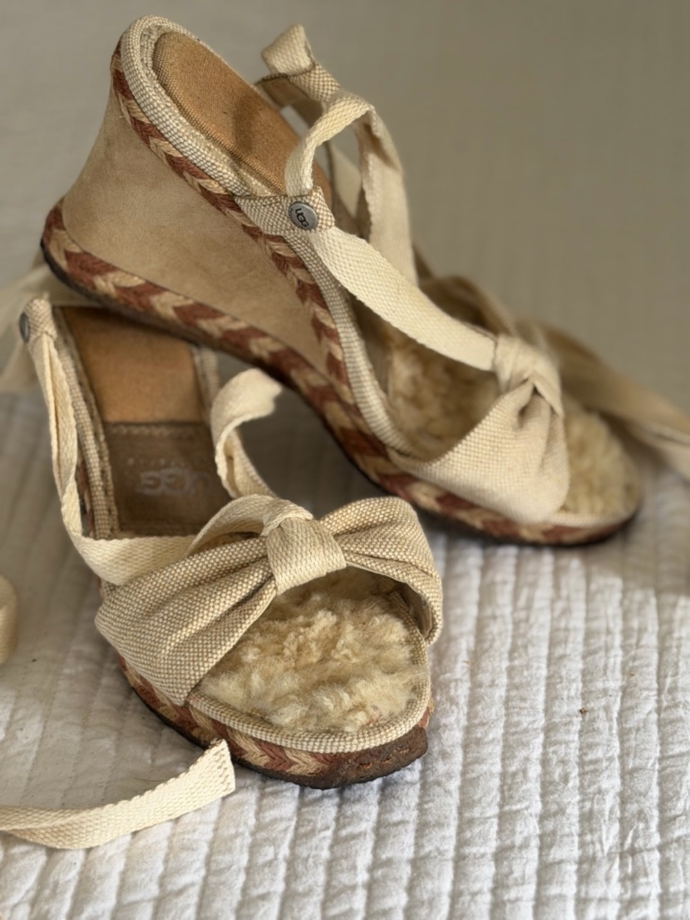 UGG Cream Bow Espadrille Wedge Sandals with Tie-Ankle